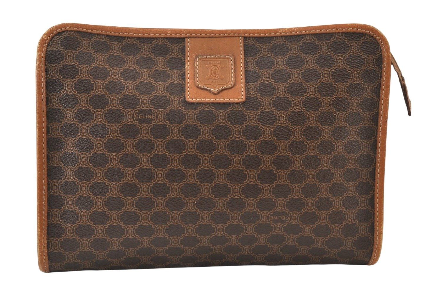 CELINE ブラウンレザー ハニカムパターン クラッチバッグ