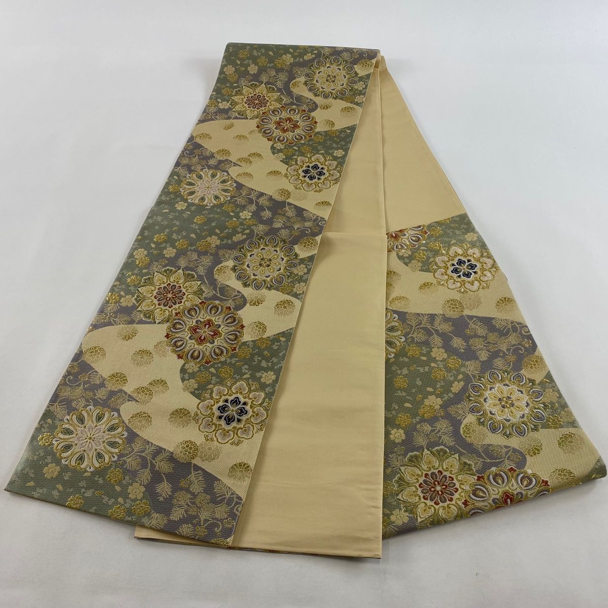 正絹　袋帯　銀糸 唐織り 華紋 銀糸 袋帯 正絹 シルバー グレー 237 | kimono Re