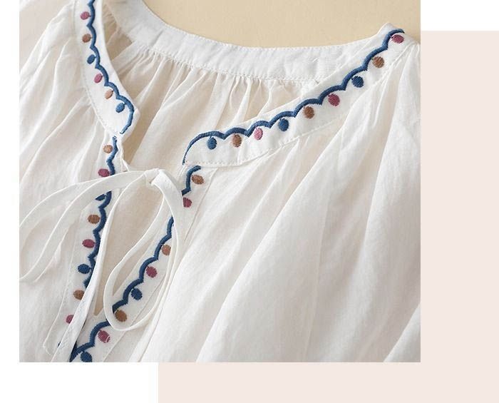 tシャツ レディース 刺繍 ブラウス 春夏 七分袖 vネック 綿麻風
