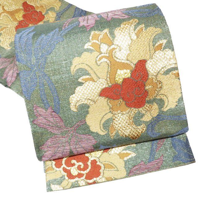 袋帯 中古 全通 植物文様 牡丹唐草 箔糸 山葵色 多色 金 A931-11
