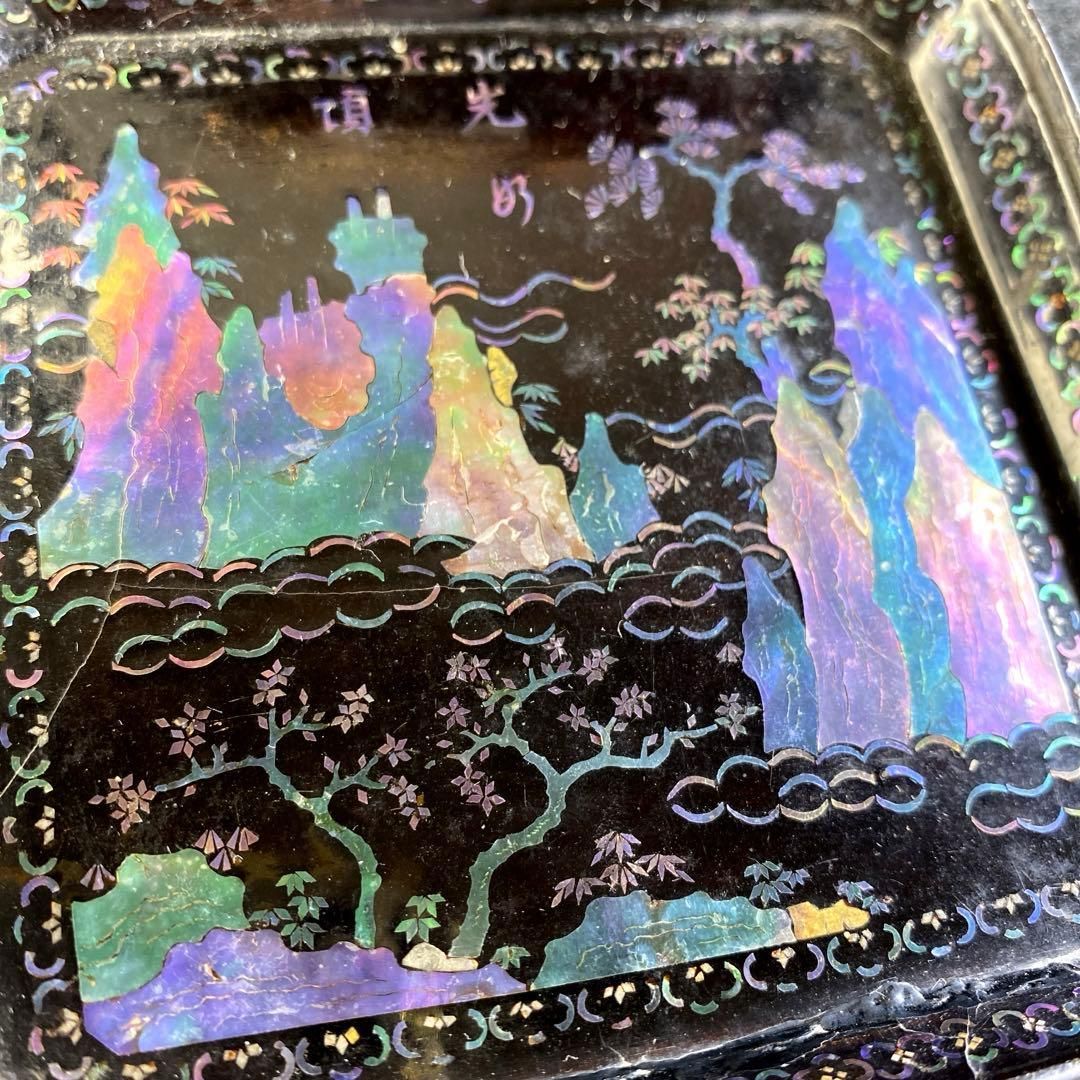 中国古玩 上螺鈿角皿 47g 10.8㎝ 本Y6-0726 1Fトサル