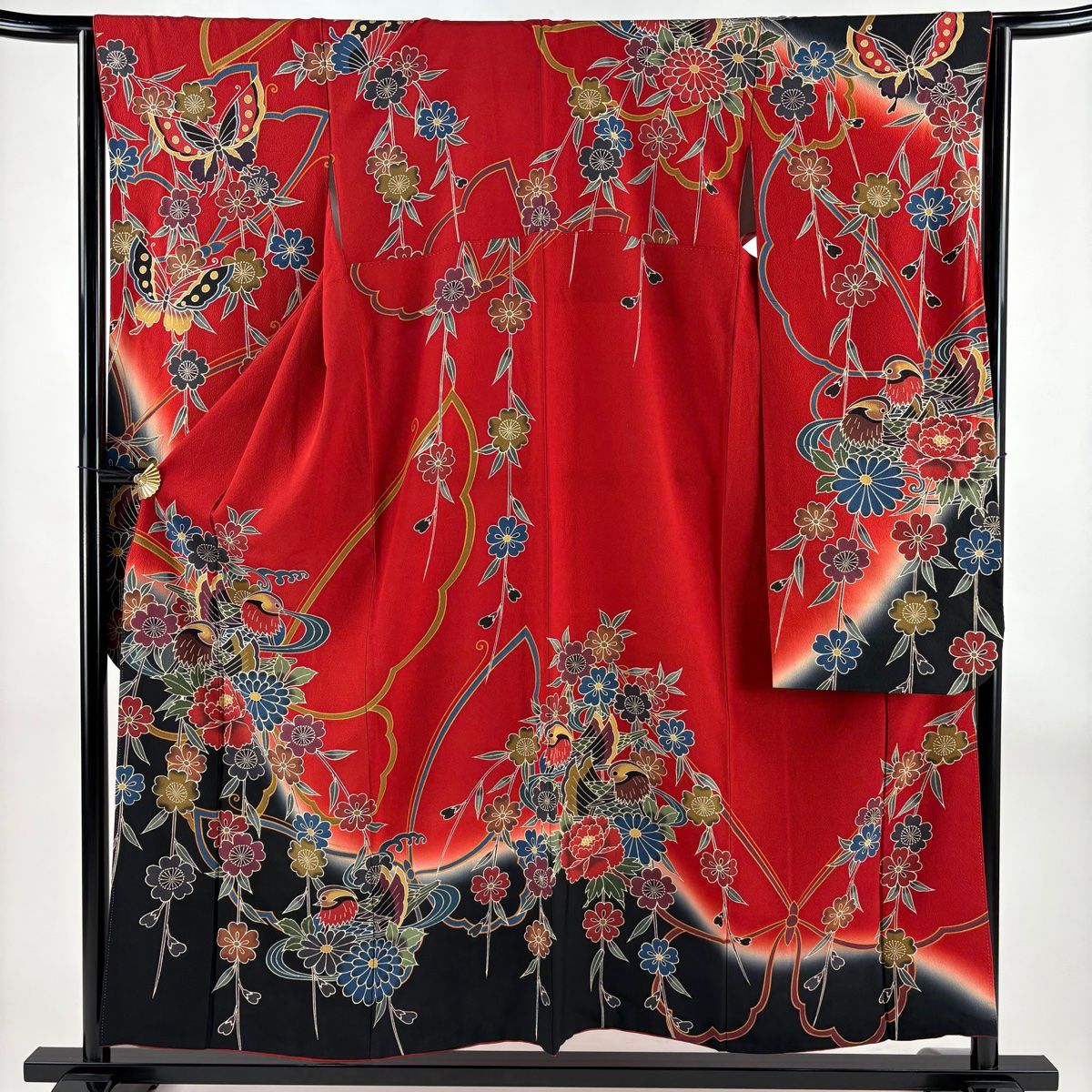 振袖 身丈156cm 裄丈64cm M 袷 鴛鴦 草花 染め分け ぼかし 赤 正絹 名品