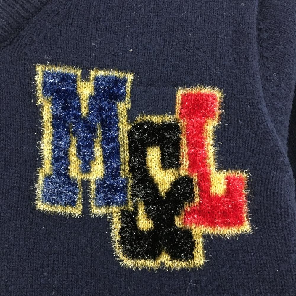 マークアンドロナ 裏地付セーター ネイビー ロゴラメ スカル