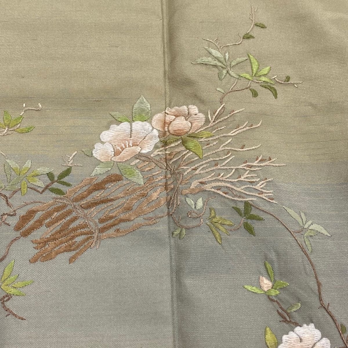 付下げ 身丈164.5cm 裄丈69cm L 袷 紬地 枝花 縞 刺繍 ぼかし 灰