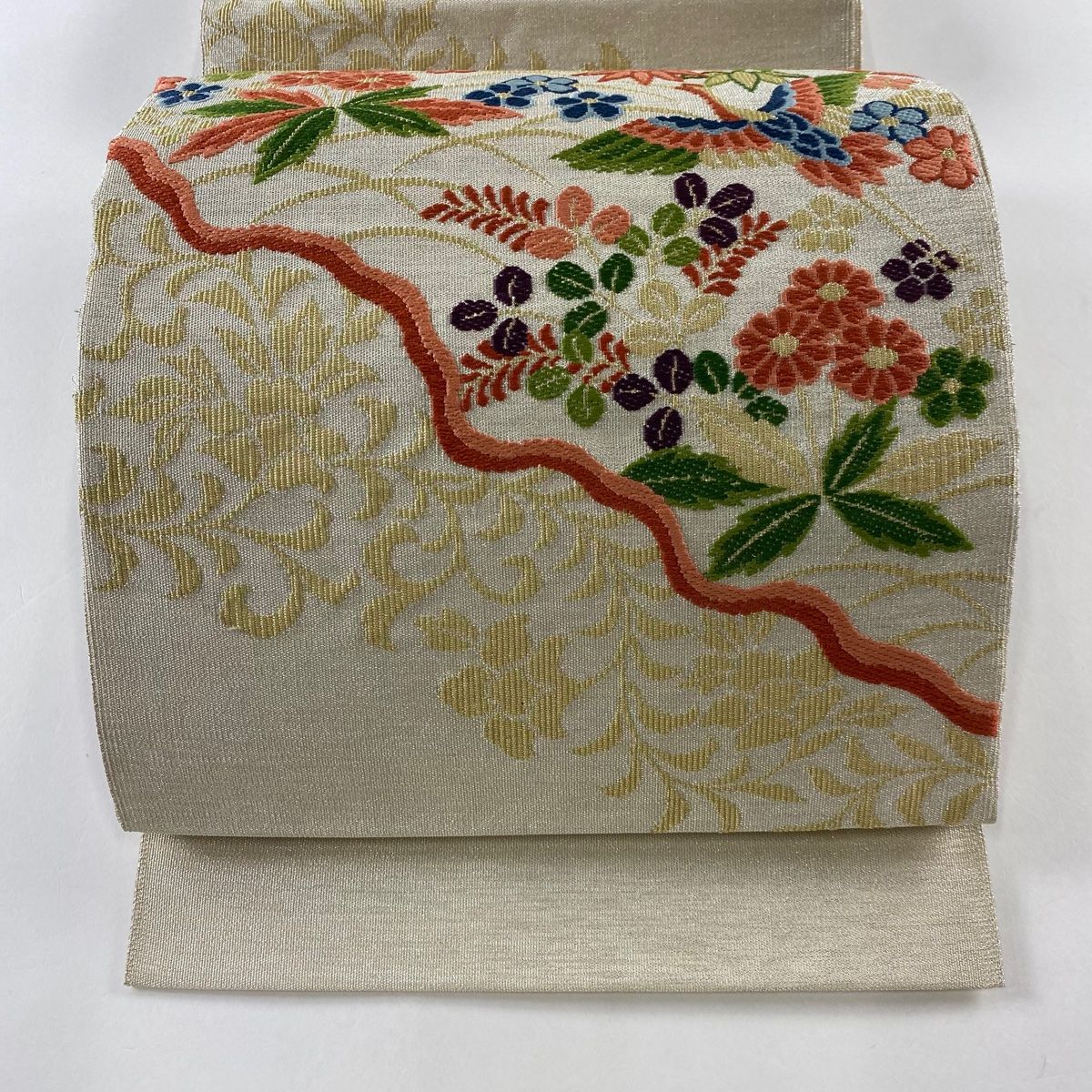 名古屋帯　松葉仕立て　金糸　銀糸　唐花　横縞　菱　着物　帯　018k 名古屋帯 松葉仕立て 金糸 銀糸 唐花 横縞 菱 着物 帯 018k