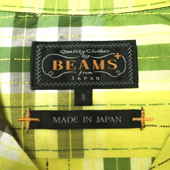 新品 BEAMS PLUS ビームスプラス 日本製 オープンカラーチェックショートスリーブシャツ 11-01-0740-139 S YELLOW 半袖 刺し子 トップス g17800