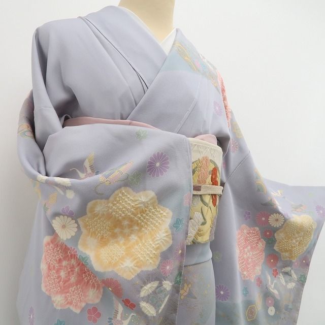 ❁tomihisa❁新品 手描き友禅 圭雲 落款”灰青色に淡く広がる吉祥の彩り