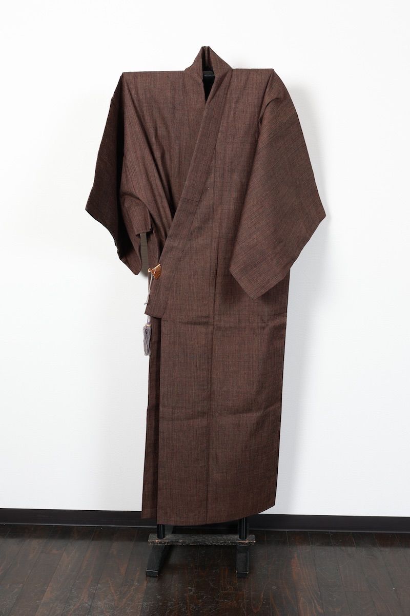 男紬 茶 燕脂 ベージュ 格子 手織り B1031