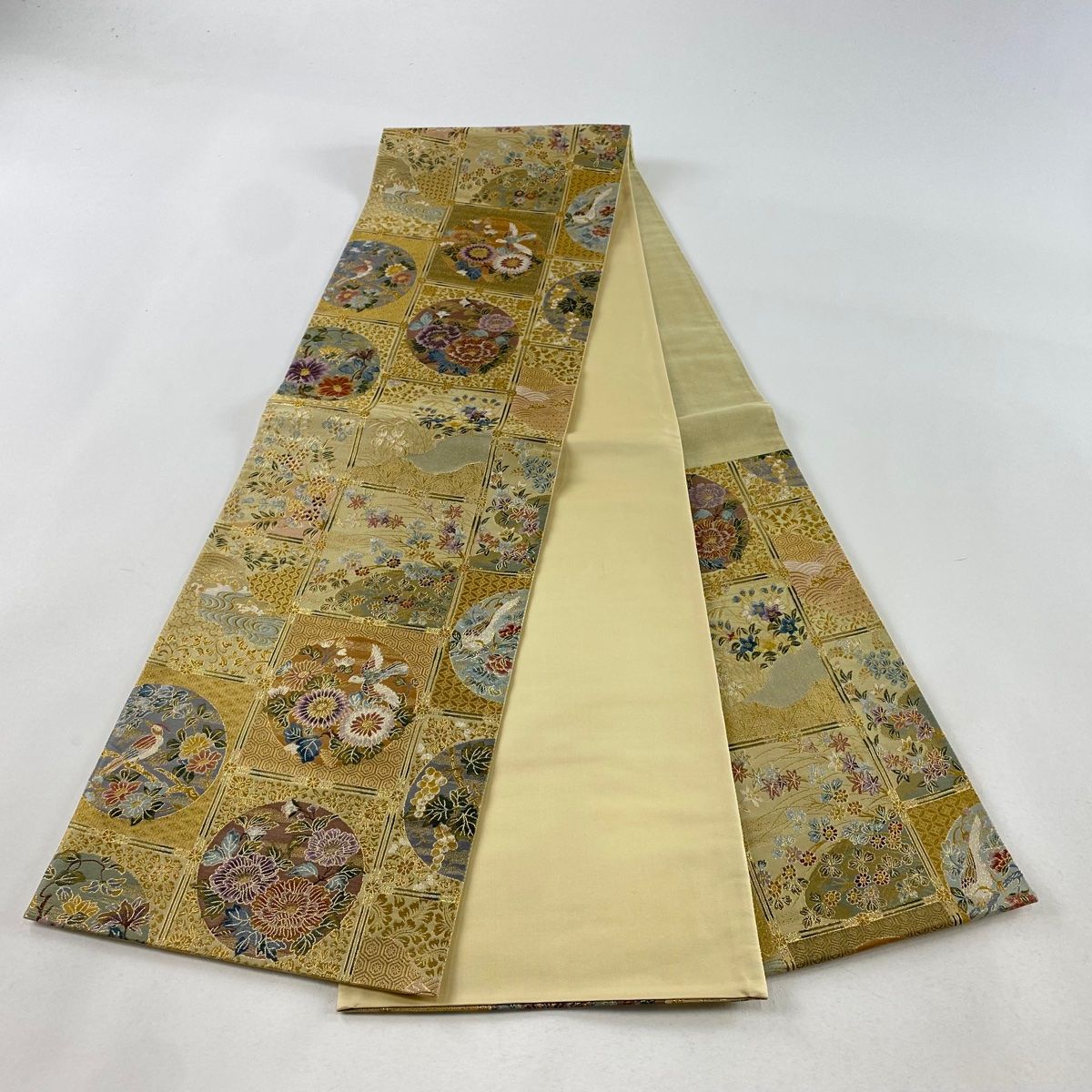 袋帯 美品 秀品 格子花鳥丸紋 箔 金色 六通 正絹 【中古