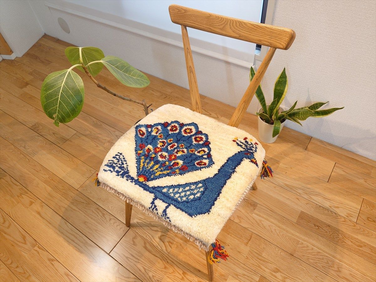 ペルシャ ギャッベ ミニマット ラグ 44x38cm 孔雀 青 ベージュ T8695