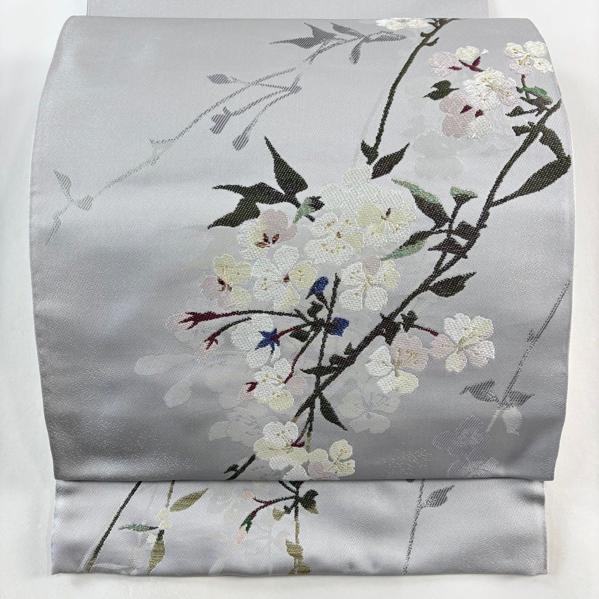 袋帯 秀品 本袋帯 リバーシブル 枝桜 霞 箔 灰色 六通 正絹