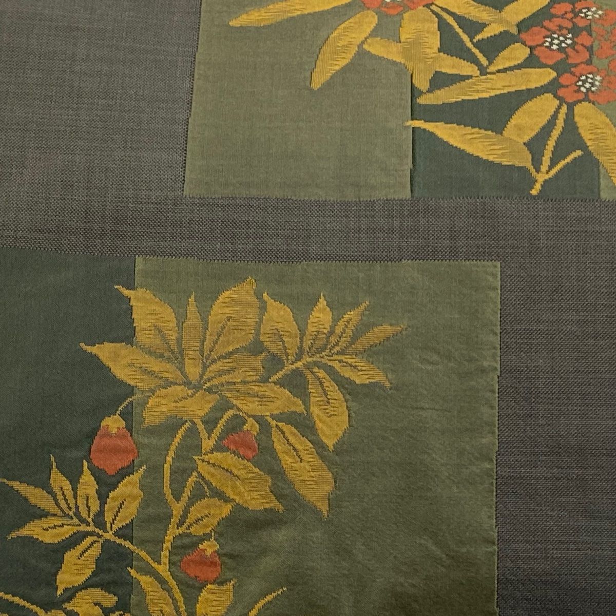 袋帯 木屋太 落款 草花 焦茶色 六通 正絹