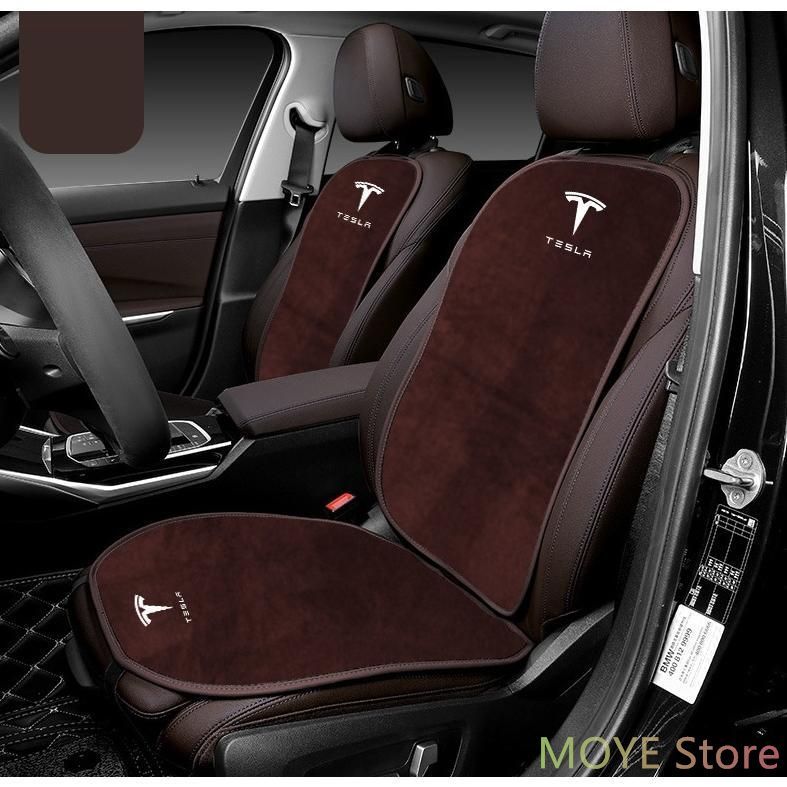 テスラ TESLAブラウン車の座布団 シートカバー 前座席用1枚+背もたれ1枚 フランネルのクッション 運転席/助手席用 滑り止め