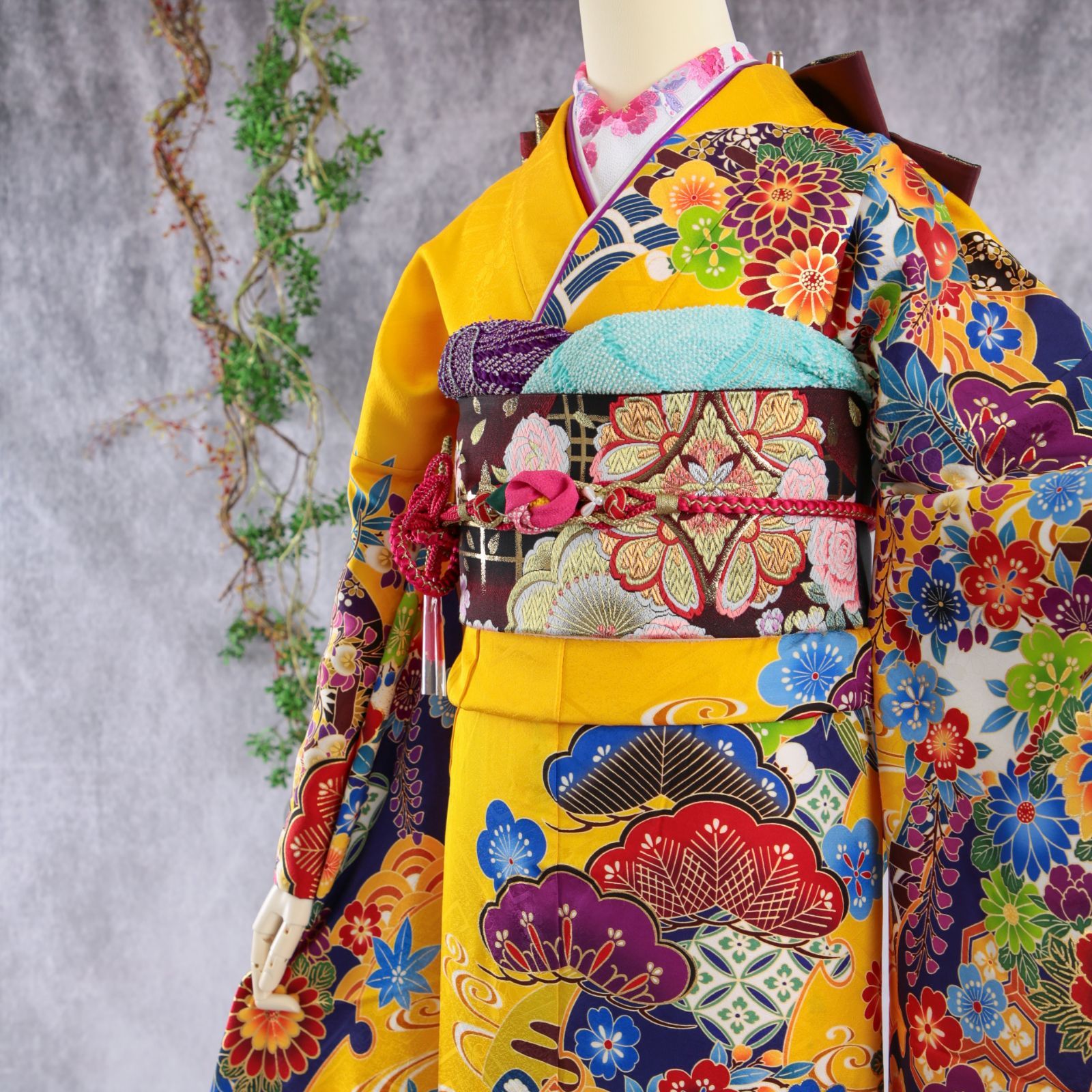 振袖フルセット 振袖セット 振袖 LLサイズ 中古 黄色×モダン 紅型 美品 