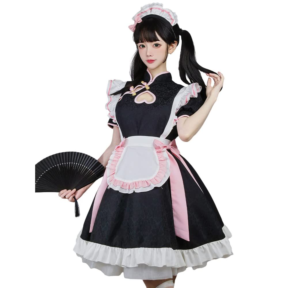 【迅速発送】RPFLQ チャイナ メイド服 喫茶店 コスプレ チャイナドレス ワンピース ロリータ 半袖 日常 萌え ハロウィン 仮装 レディース 蝶結ぶ 衣装 可愛い 大人用 ストッキング付き (S)