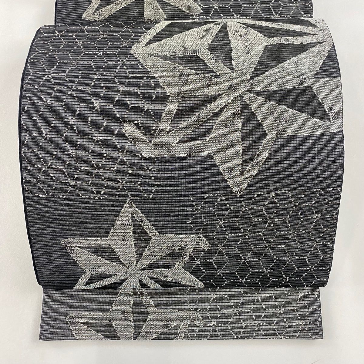 袋帯 美品 名品 夏帯 麻の葉 ファッション 箔 黒灰 六通 正絹 【】