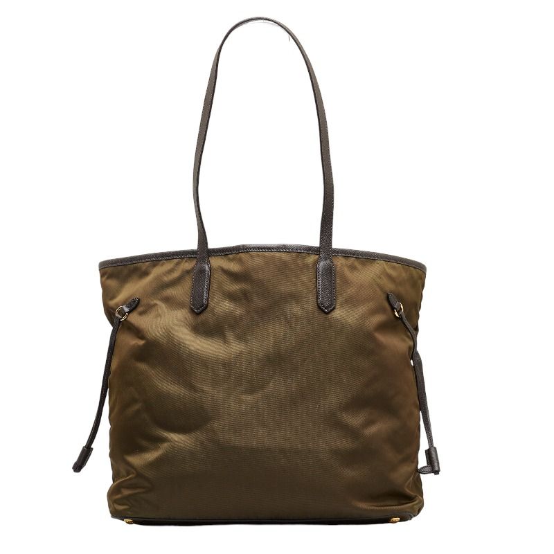 PRADA トートバッグナイロンロゴプレートカーキゴールド金具肩掛け