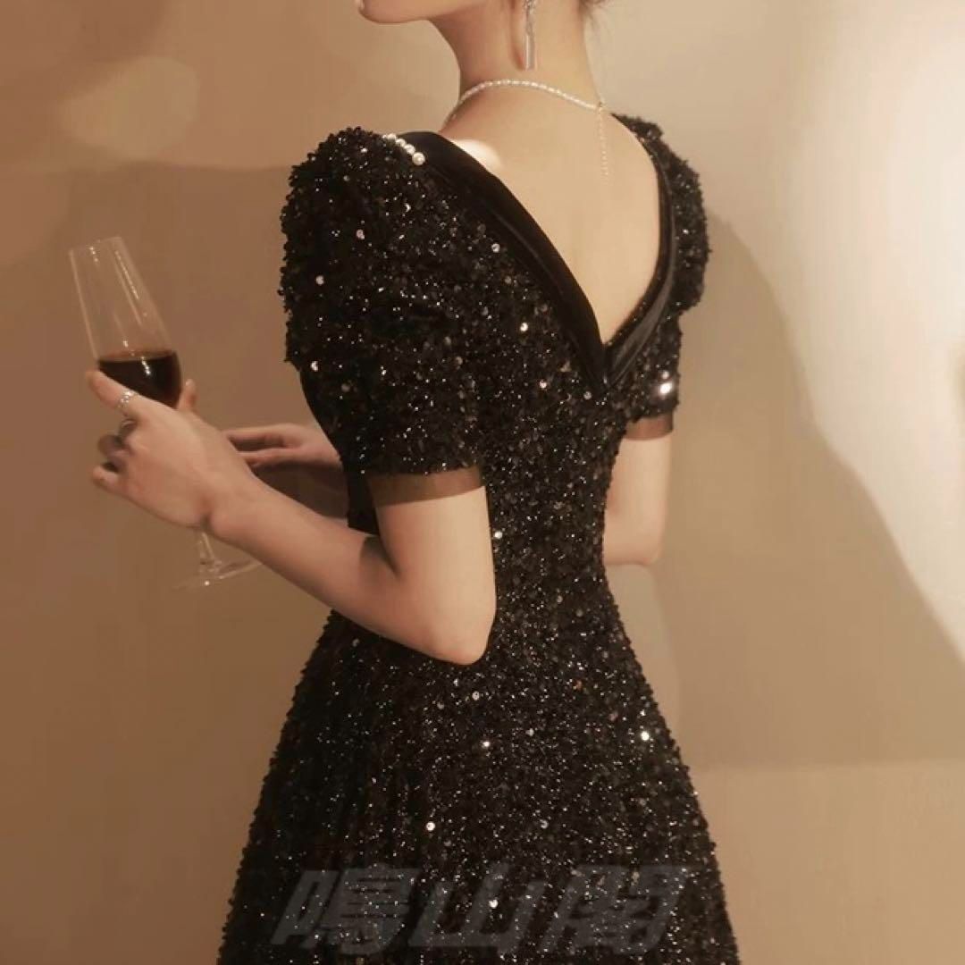 レディースファッション スパンコールがゴージャスなパール付き パフスリーブ ドレス