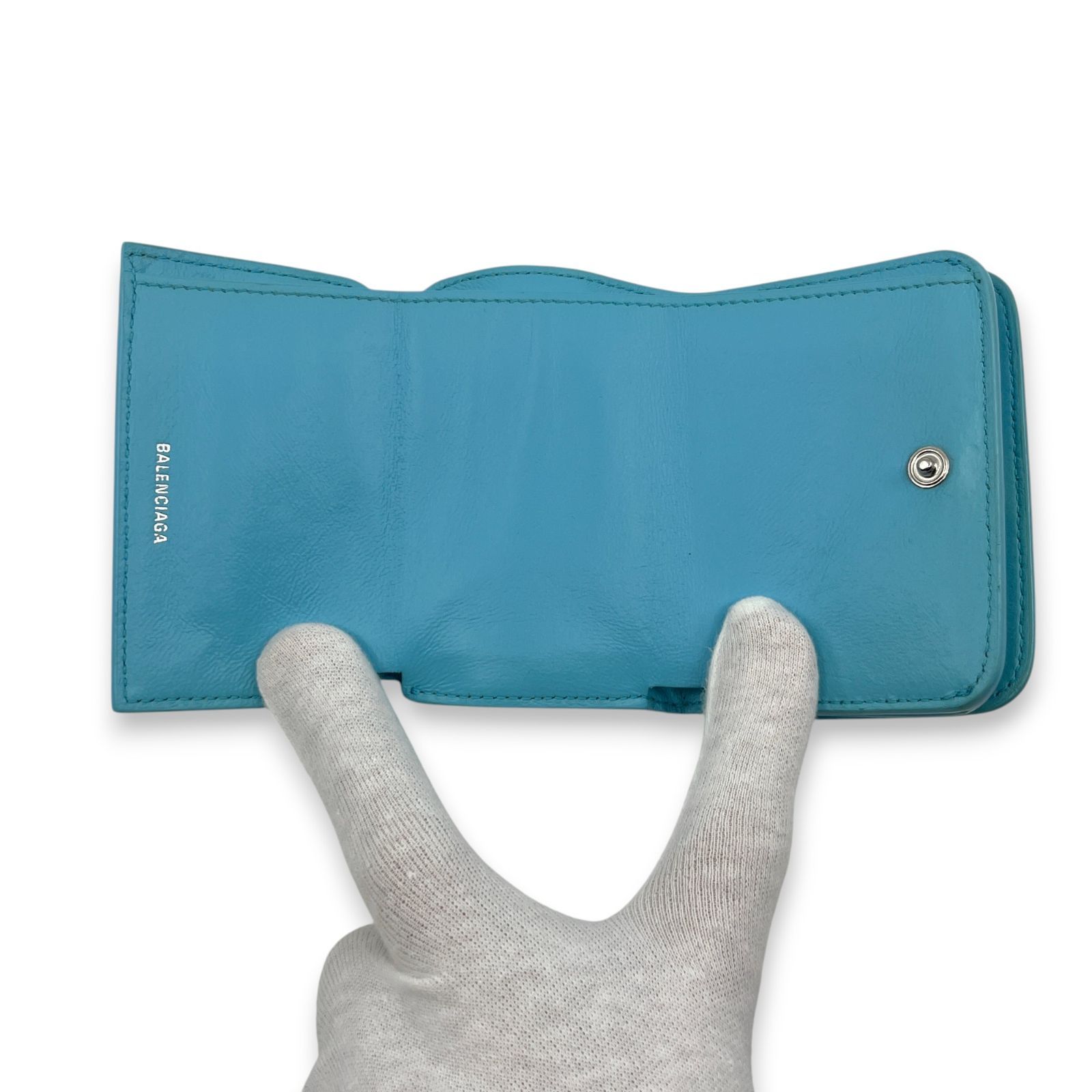 バレンシアガ ペーパー ミニウォレット 三つ折り財布 ライトブルー 型