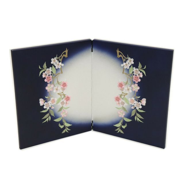 飾り屏風 アウトレット品 インテリア 屏風単品 15号 丸紺枝桜刺繍 二曲屏風 飾り