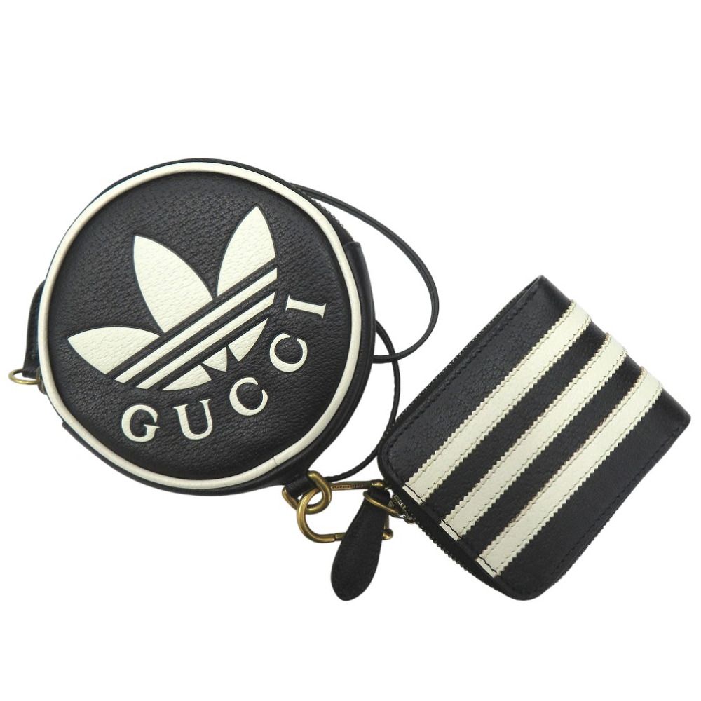 ♥品 グッチ × アディダス GUCCI × adidas originals ミニネックポーチ マルチコインケース ストラップ付きコインケース レザー ブラック 0846 GUCCI