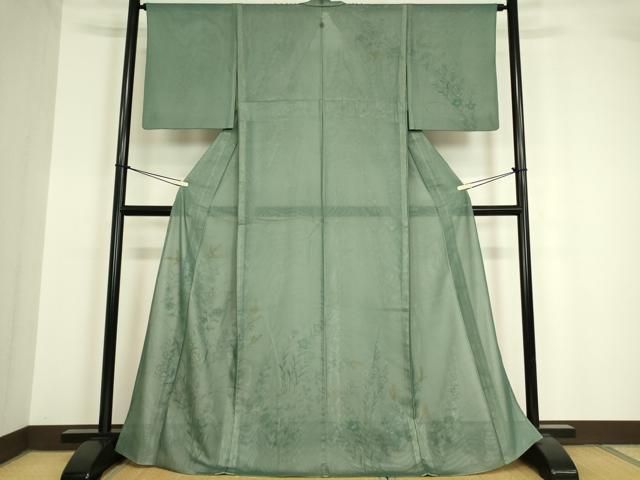 平和屋着物▽小紋 無双 紗袷 紗×絽 手描き 草花文 正絹 逸品