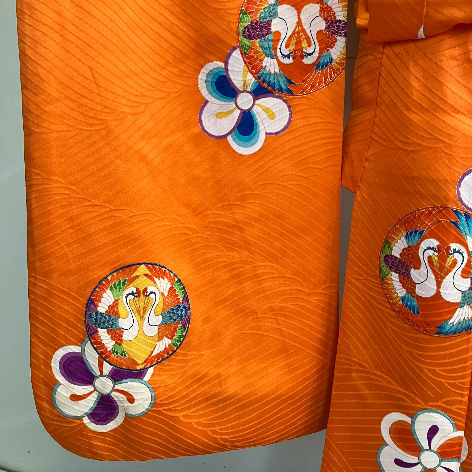 セミアンティーク 七五三 7歳女の子 着物 四つ身 オレンジ 半襦袢 作り帯セット 帯揚げ帯締め付き ビンテージ きもの猫田 T 378