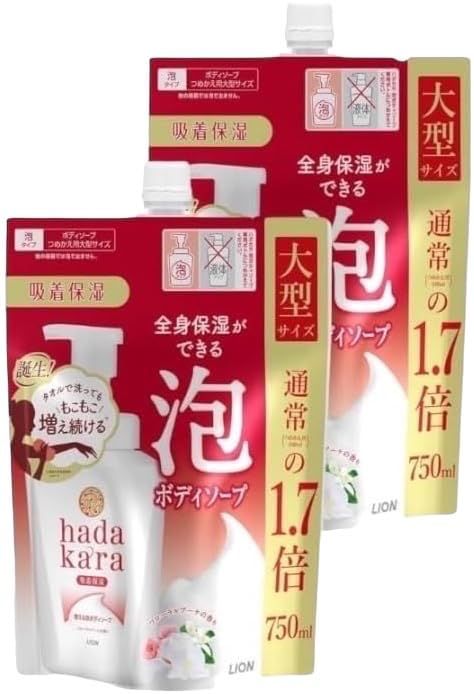 【２個セット】ハダカラ(hadakara) ボディソープ 泡 フローラルブーケの香り (つめかえ用) 大型サイズ 750ml×2 増える泡ボディソープ [まとめ買い] 自社名入りシール付『FeeLs.』