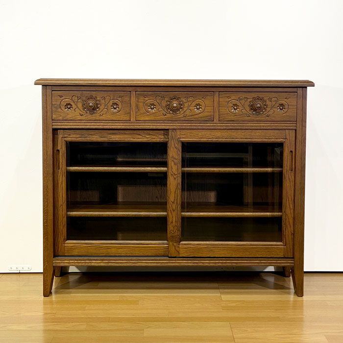 ヴィンテージ ガラス扉 サイドボード ナラ無垢 ヴィンテージ ガラス扉