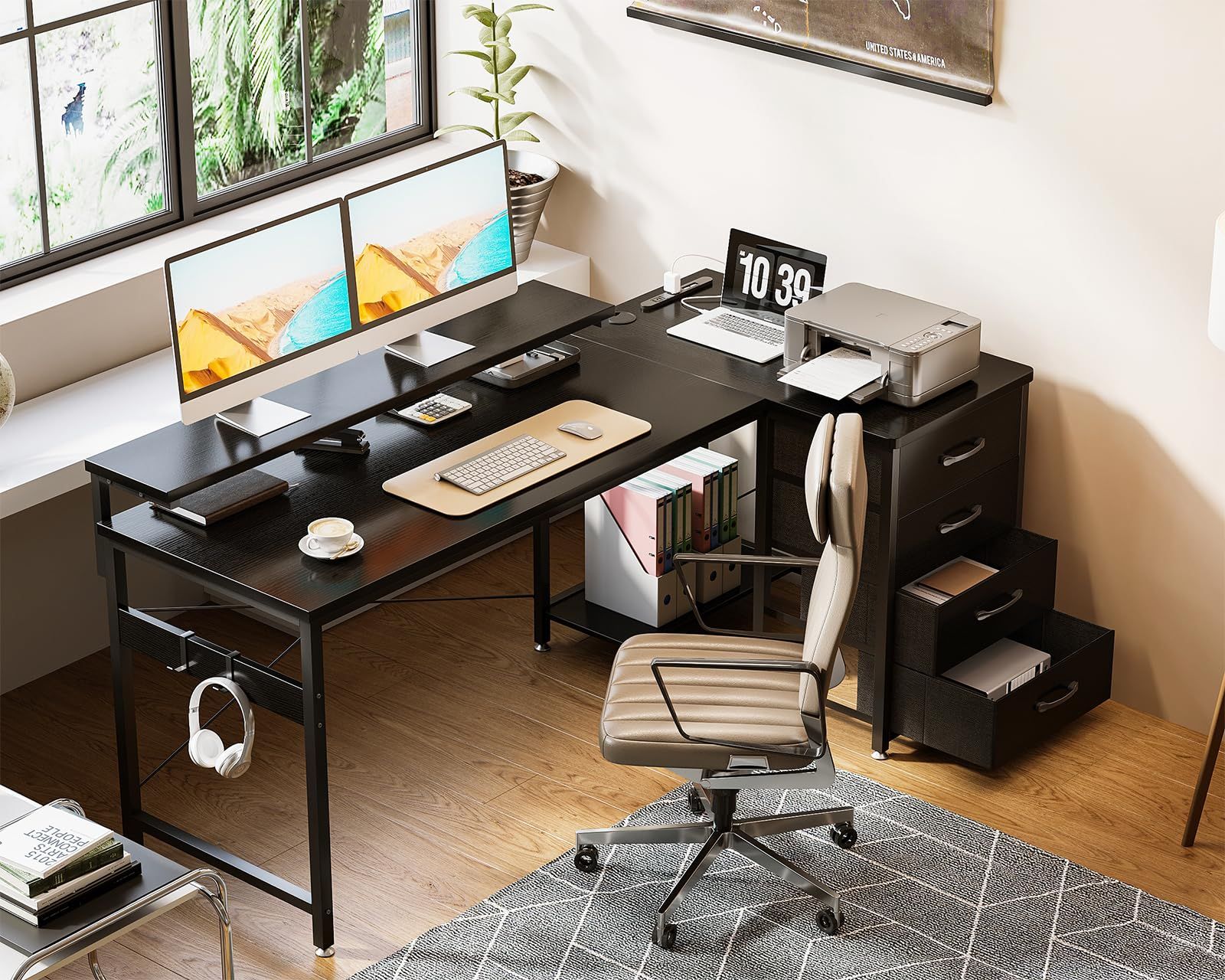 desk l gaming 引き出し付き shaped オフィスデスク 長机 コンセント