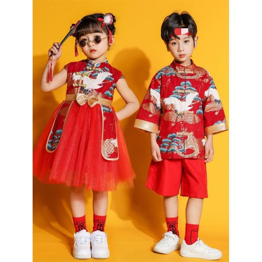 セットアップ キッズ ダンス衣装 ワンピース 男の子 女の子 中華服 漢服 唐装 チャイナ トップス ショートパンツ ヒップホップ ジャズダン