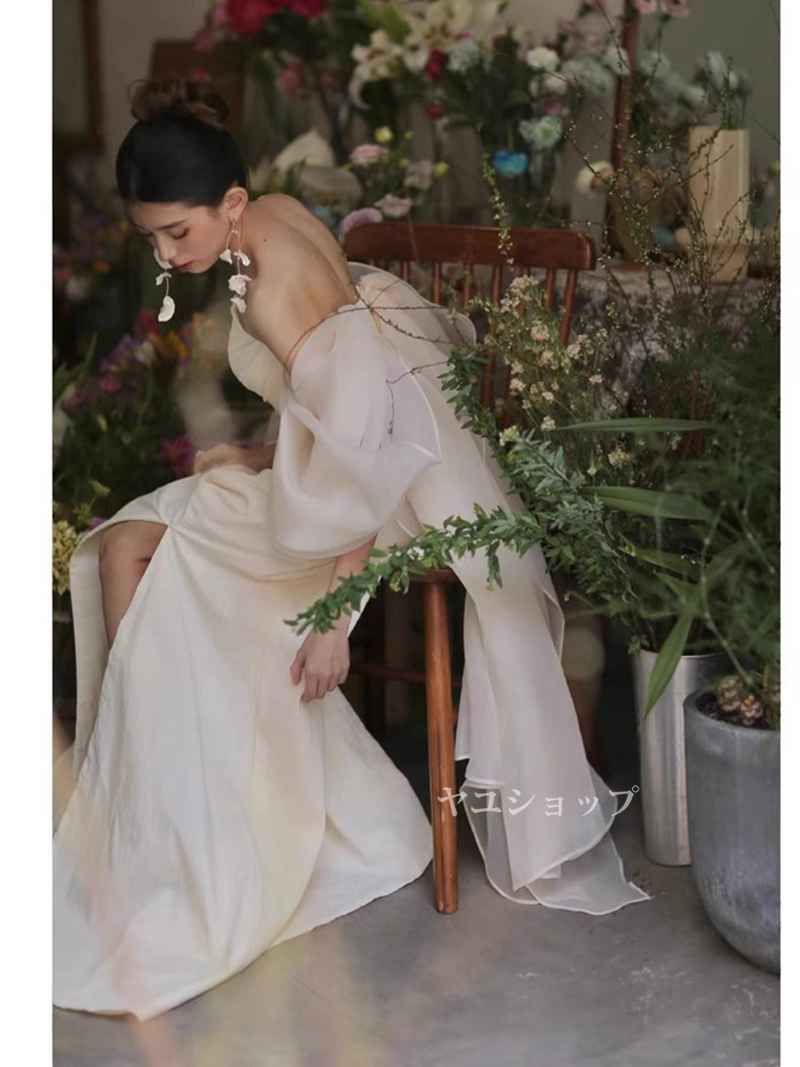 前撮り　二次会　結婚式　オフショルダー チュール袖 ソフトマーメイド　韓国 前撮り 二次会 結婚式 オフショルダー チュール袖 ソフト