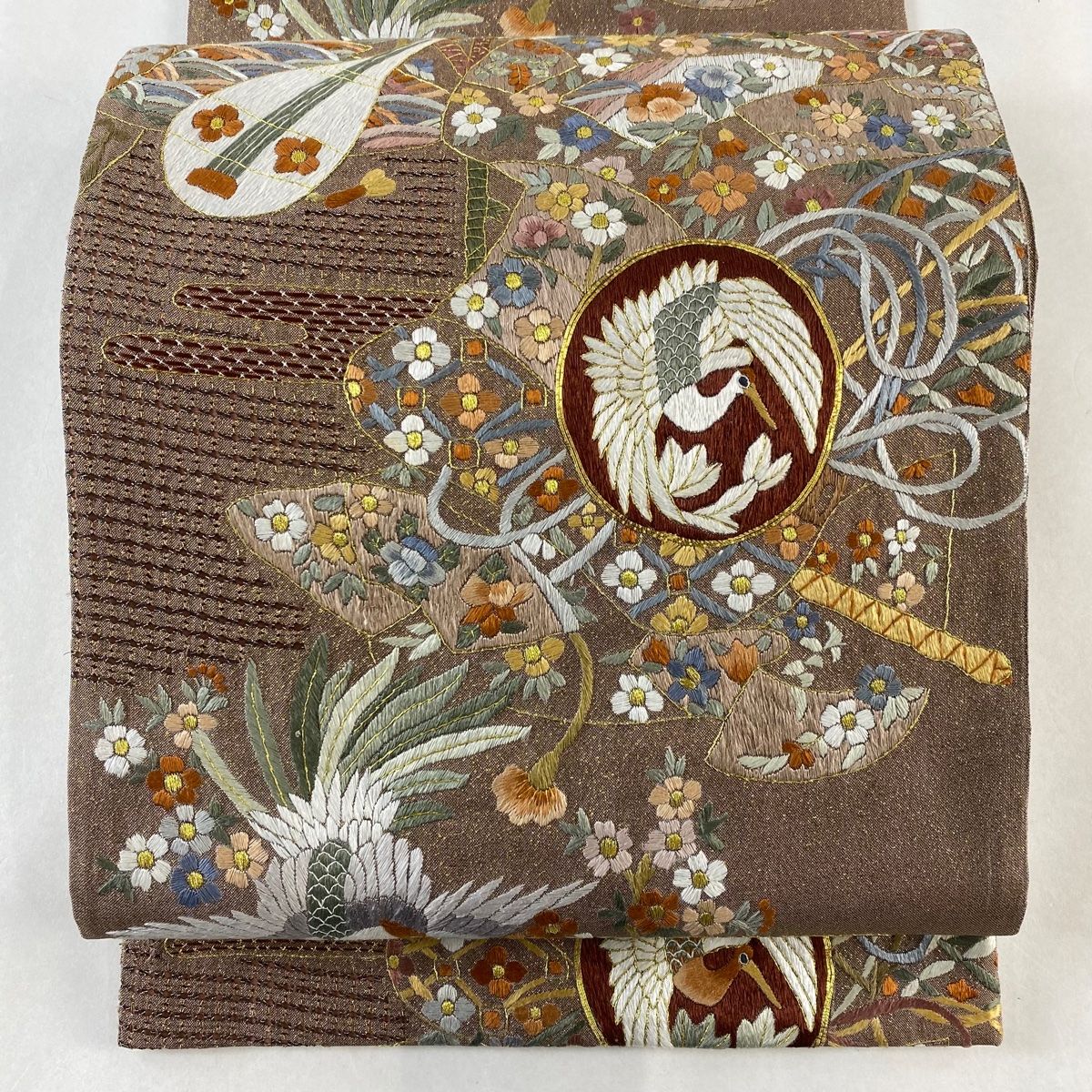 袋帯 花鳥 琵琶 刺繍 金糸 茶紫 六通 正絹