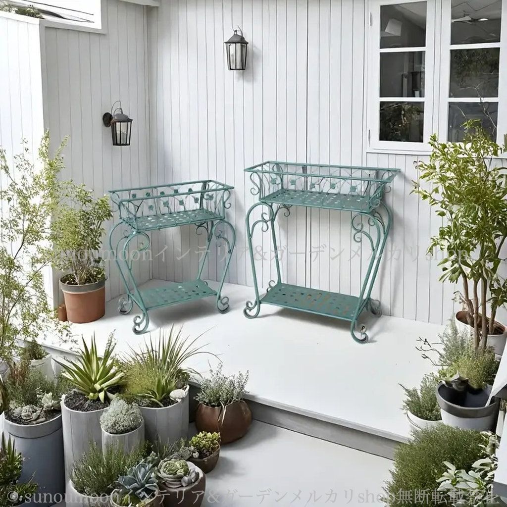 庭 アイアンラック ガーデンインテリア 白 庭の装飾 ガーデン雑貨 エレガント ガーデニング レトロ ガーデン 雑貨 2個セット 金属製 4-7 おしゃれ ヴィンテージ調 ブルー インテリア プランターラック ホワイト お洒落