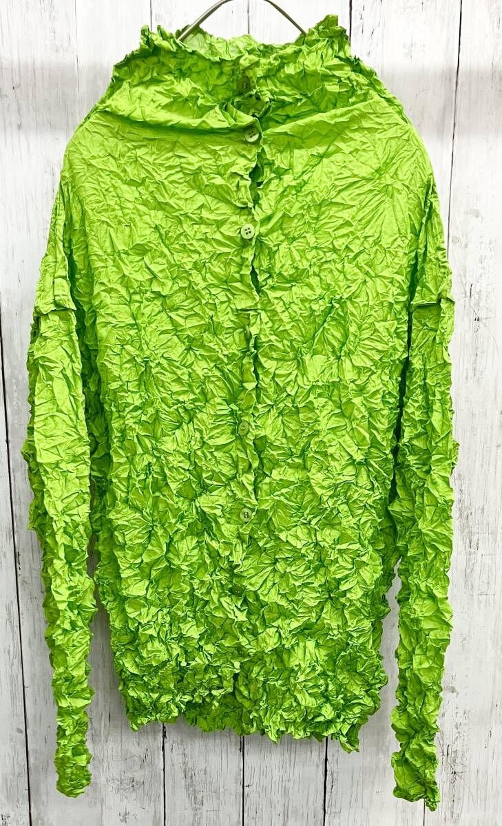 me ISSEY MIYAKE 長袖カーディガン ミー イッセイミヤケ シワ加工 GREEN 長袖シャツ MI02FO872