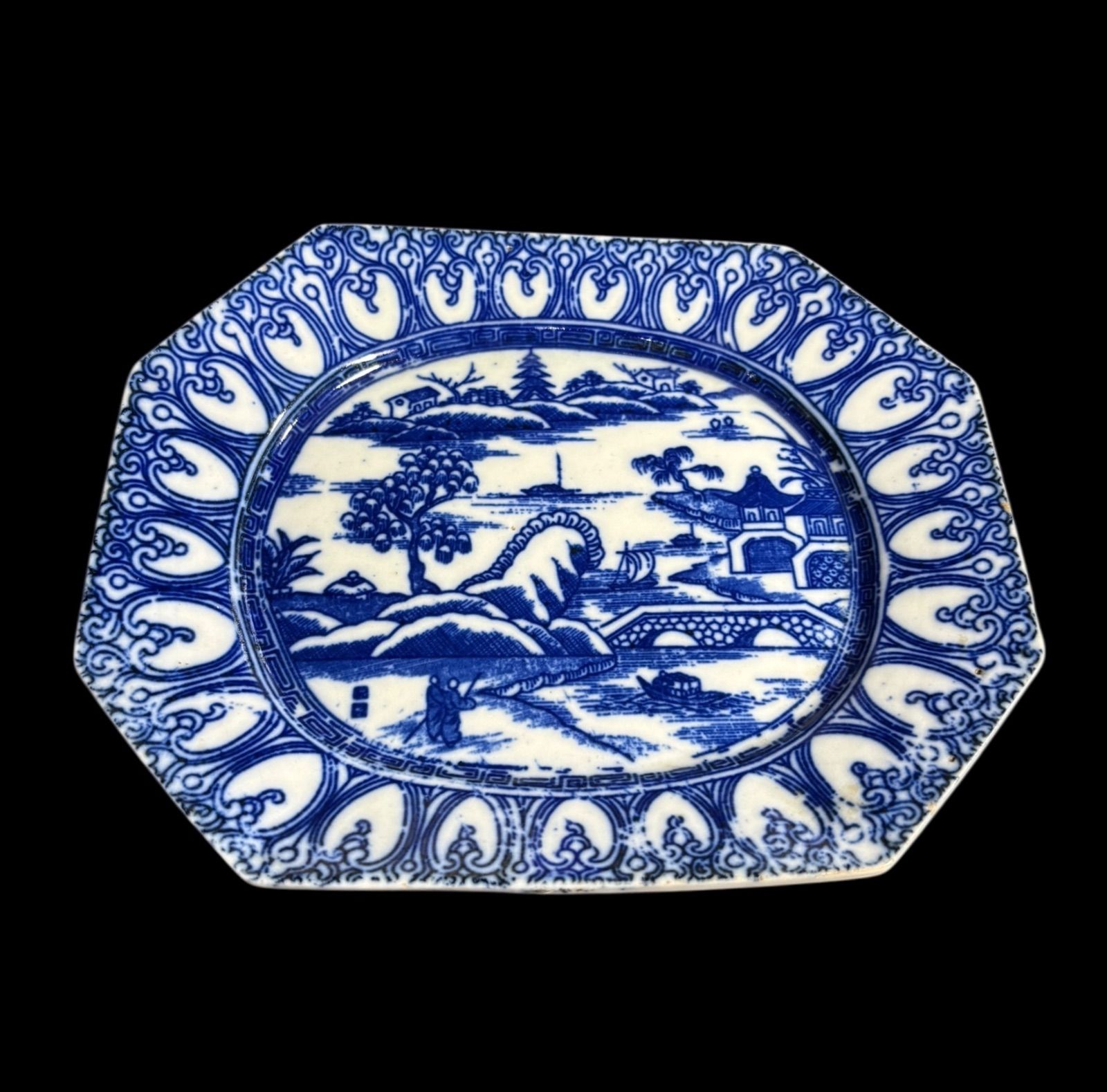 古伊万里 染付 八角皿 [山水風景文図] 角皿 取り皿 飾り皿 和