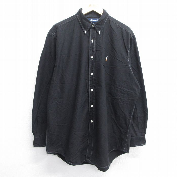 XL|古着 長袖 ブランド シャツ メンズ 90s ワンポイントロゴ YARMOUTH 大きいサイズ ロング丈 コットン ボタンダウン 黒 ブラック 25may14