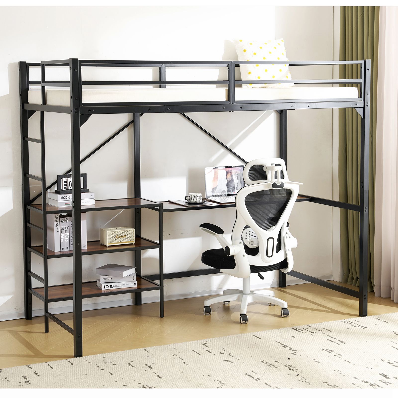 ロフトベッド パイプベッド シングル デスク付き 子供ベッド 北欧風 Black ロフトベッド パイプベッド シングル デスク付き 子供ベッド 北欧風