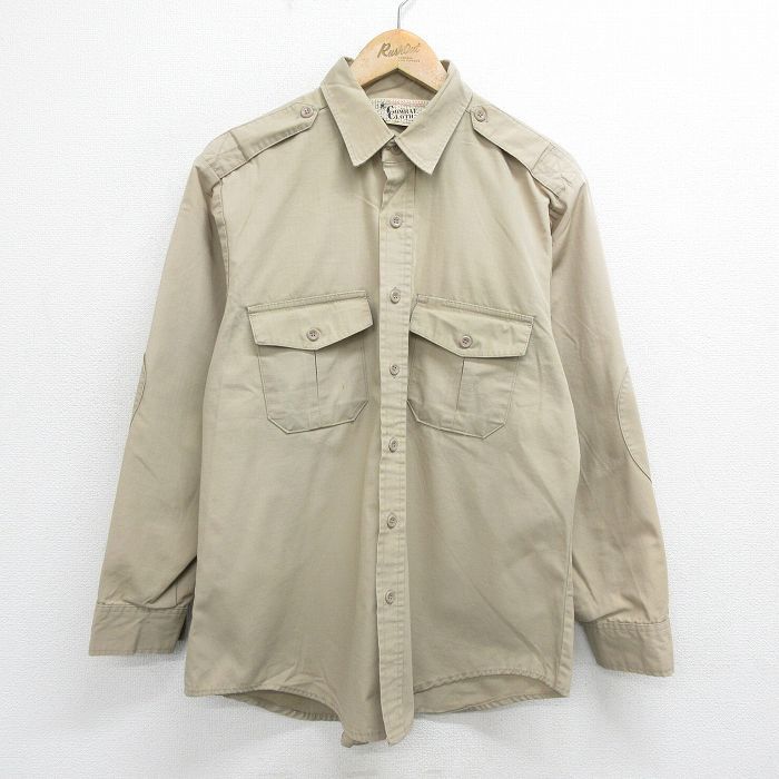 L/古着 長袖 ミリタリー シャツ メンズ 80s リップストップ ヒジ当て ベージュ カーキ 24feb21 中古 トップス