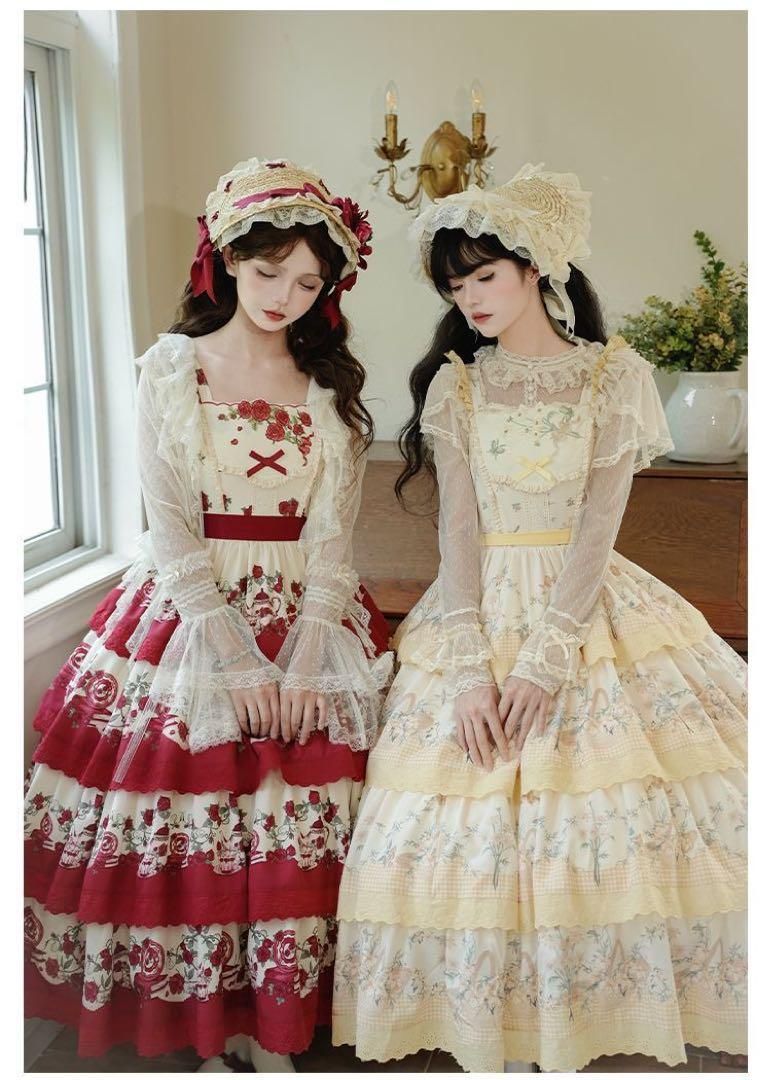 【朝花夕拾】田園プリント 刺繍四段振り jsk ロリータドレス 森ガール レッド 手紙と詩☆朝花夕拾】田園プリント刺繍四段振りjsk ロリータ
