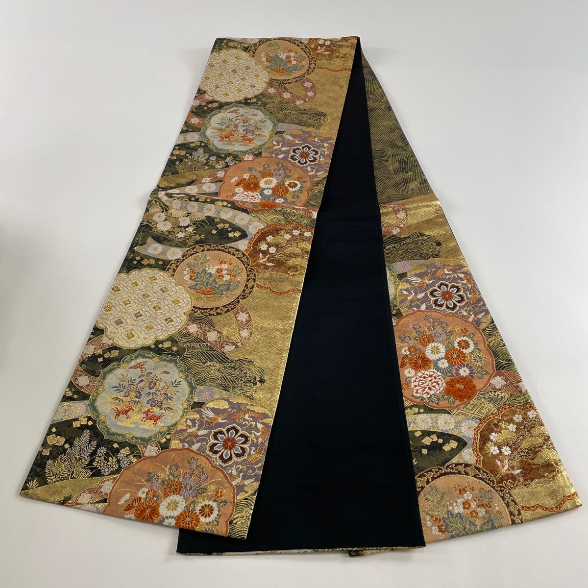 袋帯 美品 秀品 花鳥 優彩鏡裏紋 金糸 箔 金色 六通 正絹 【中古