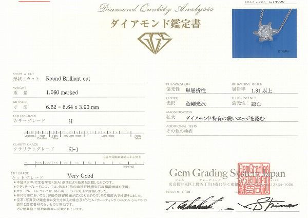 PT900 PT850 ネックレス ダイヤ 1.060 SI1 鑑定書 総重量約5.3g