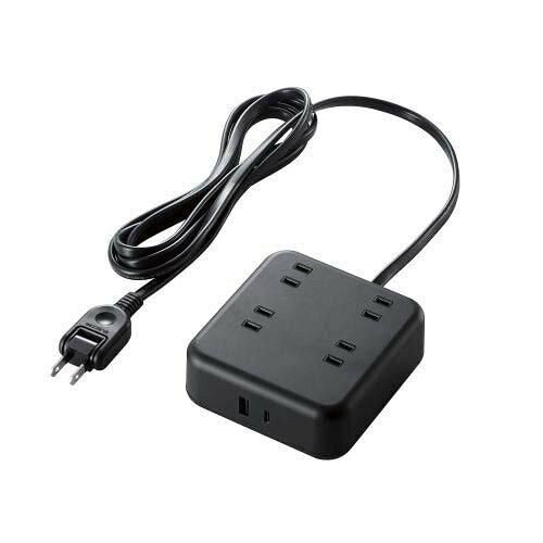 【新品・5営業日で発送】ELECOM エレコム 電源タップ USBタップ 2m USB-C 1ポート／USB-A 1ポート／コンセント4口 USBポート用キャップ付き ブラック T-U04-4220BK