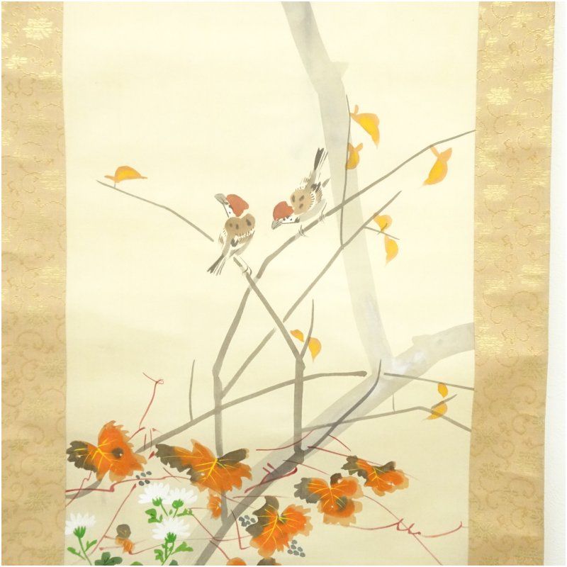 一畝筆 花鳥図 肉筆絹本掛軸（箱付） 掛け軸 床の間 書 おしゃれ