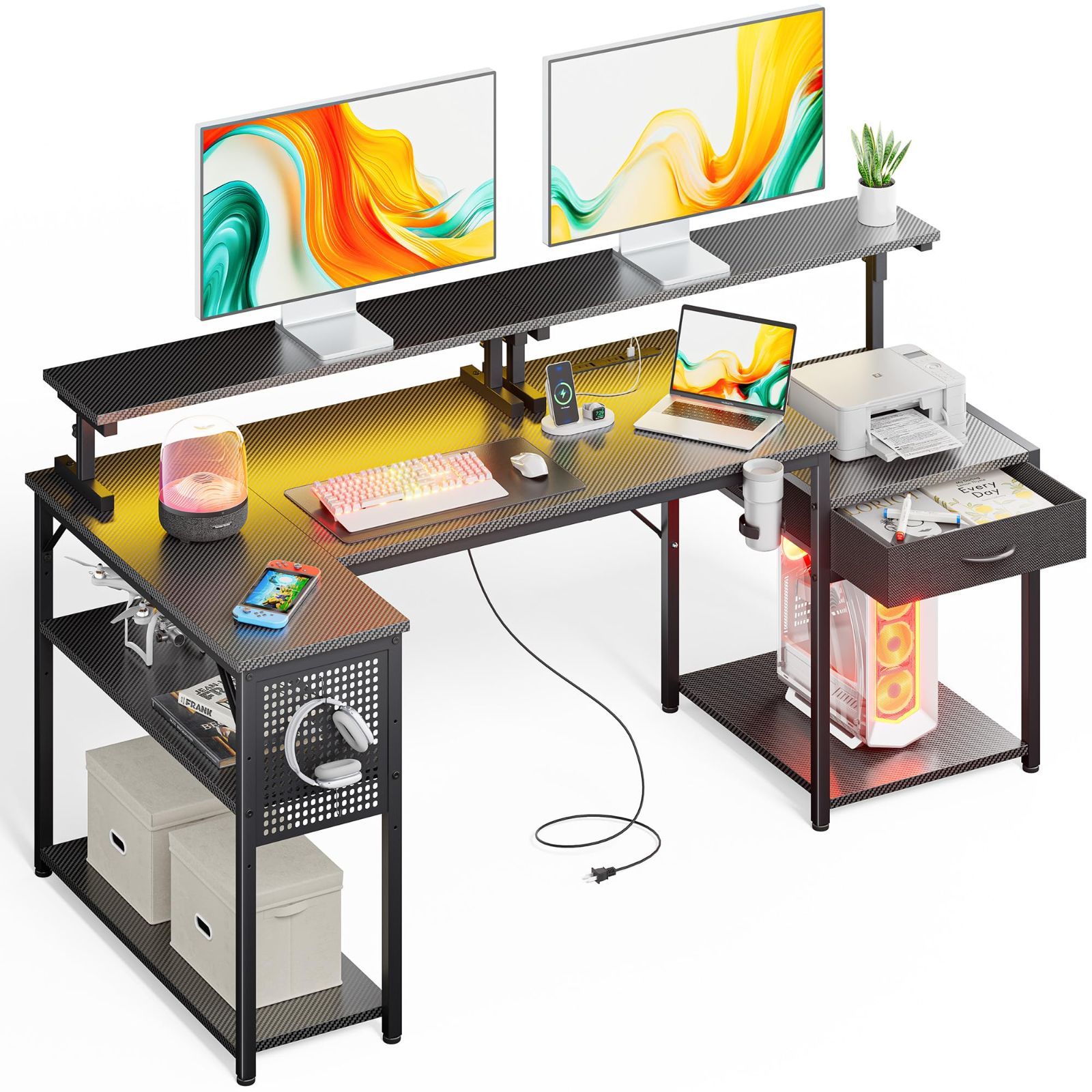 黒 組立簡単 在宅勤務 コーナーデスク 作業机 学習机 オフィスデスク 子 desk computer デスク PC パソコンデスク L字デスク 収納 棚 コンセント付き 引き出し付き 幅183cm ゲーミングデスク DOMICON