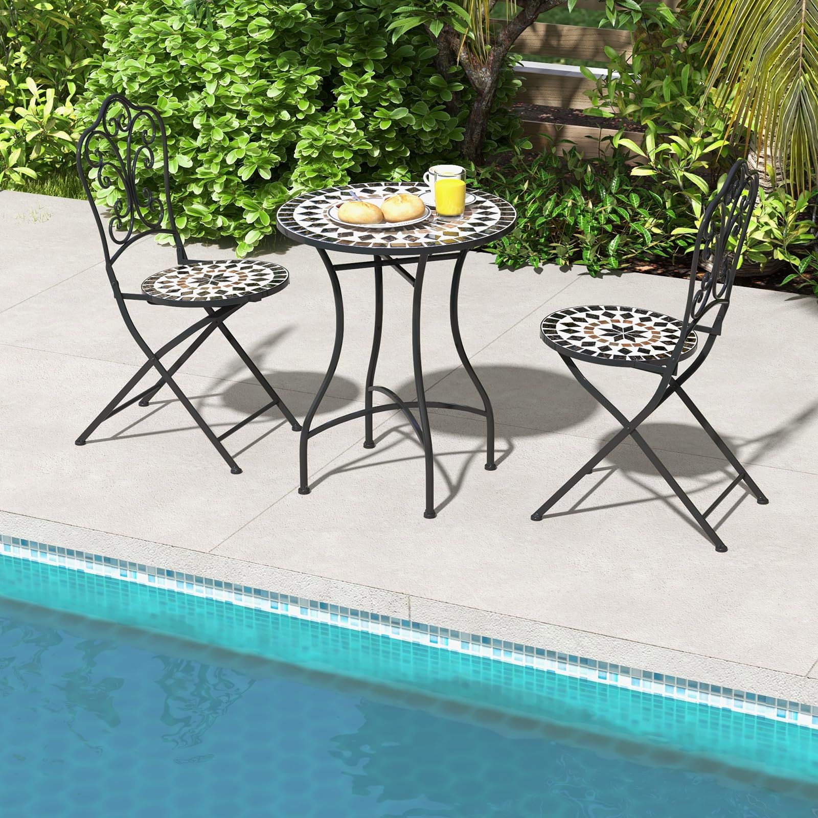 特別価格 アイアン製 屋内 屋外 ベランダ おしゃれ アウトドア テラス パティオ 庭 机 組立簡単 アンティーク調 モザイク柄 防水 タイルテーブル ブラック 耐荷重50kg 直径60cm ガーデンテーブル TANGKULA