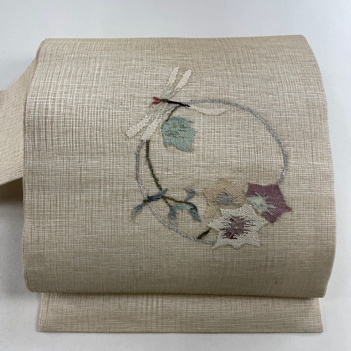 名古屋帯 秀品 夏帯 草花 とんぼ 金銀糸 ベージュ 正絹