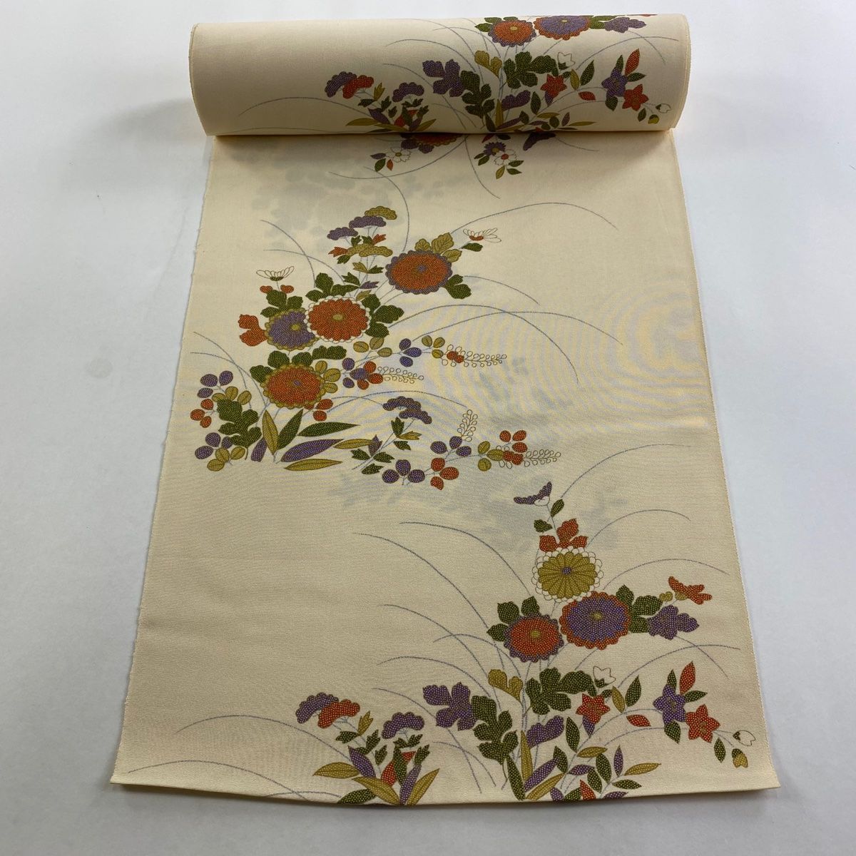 反物 秀品 小紋 菊 秋草 ベージュ 正絹