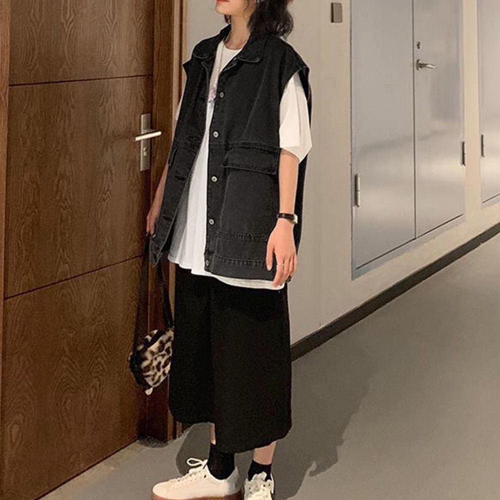 クラシック袖 デニムジャケット 袖なし 黒 デニムベスト ジレ 