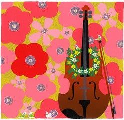 吉岡浩太郎『花とバイオリン』版画 額入り 新品 絵画 楽器 赤 花 風水